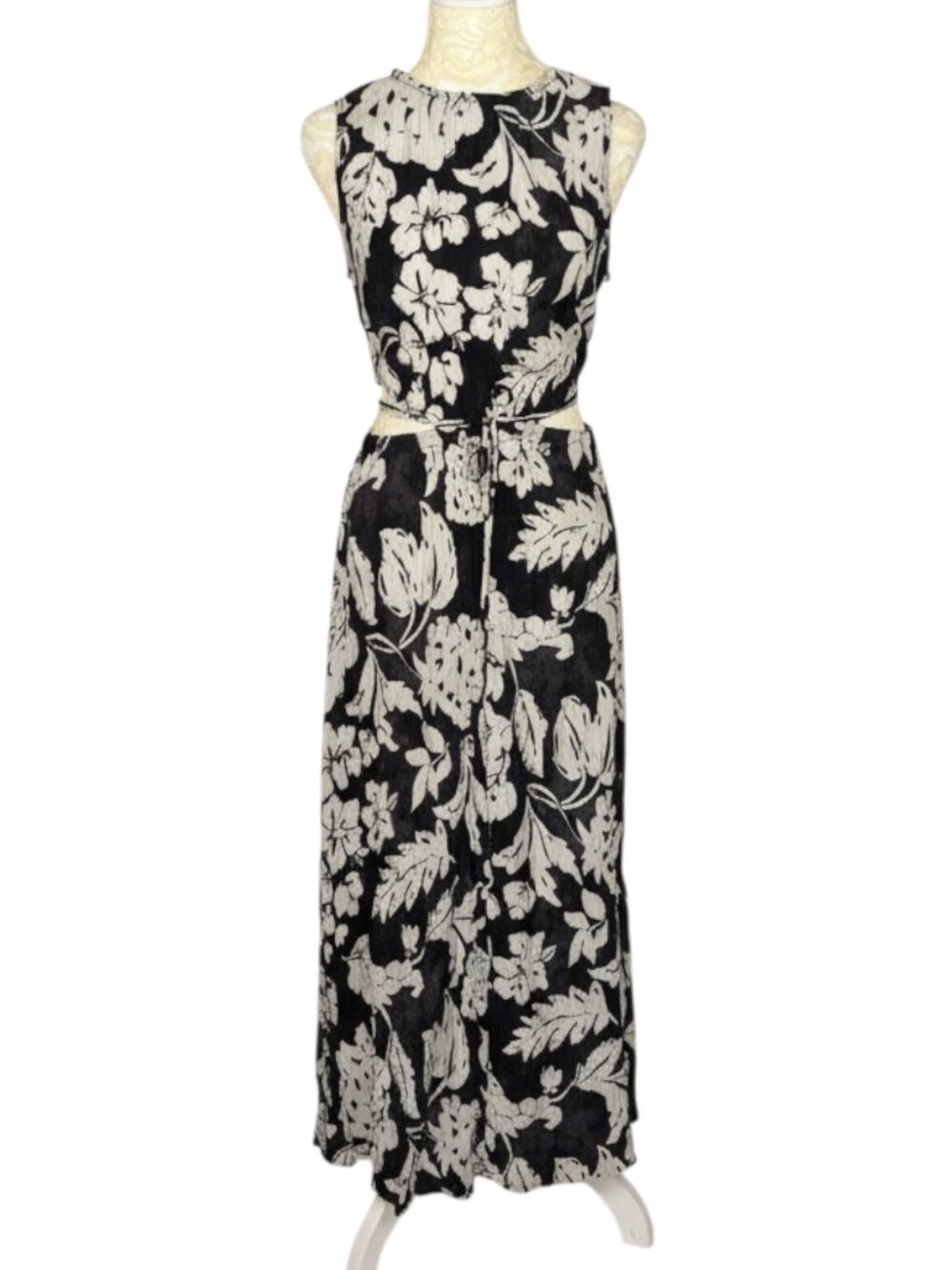 MNG Mango Willow Side Cut Out Maxi Dress Crinkle Floral Black Gray 4 - Picture 3 of 12